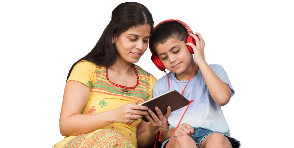 Mom and son with headphones reading on tablet.